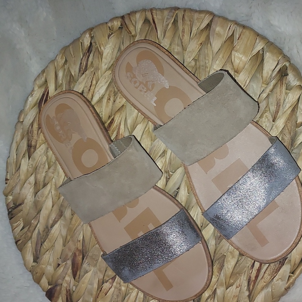 Sorel Beige Metallic Suede Ella II Slide Flat Sandal Sz 8.5